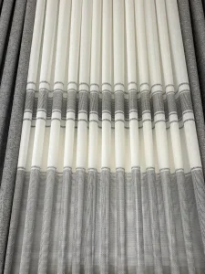 پرده پانچ طوسی مدل روبان با کنارپرده نگین‌ کاری ‌شده