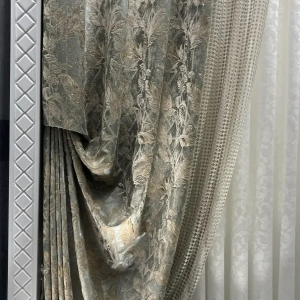 قیمت پرده حریر پفکی طرح فرفوژه با ترکیب دانتل و کنارپرده برگی