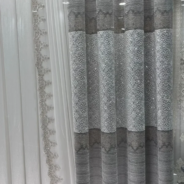 قیمت پرده پذیرایی حریر طرح اتوبانی شاین شیری کنار پرده تور لب