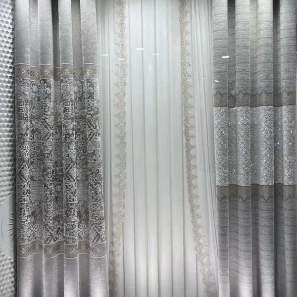 پرده پذیرایی حریر طرح اتوبانی شاین شیری کنار پرده تور لب