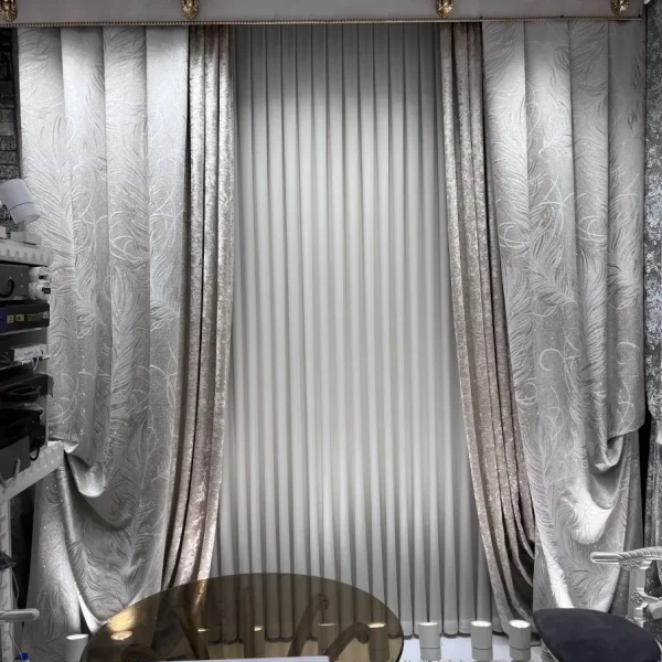 قیمت پرده حریر لخت برند هاوین با ترکیب کنار پرده شانل و مخمل پتینه