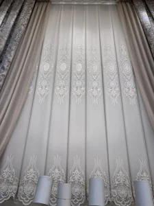 پرده قابی آسترکشی به همراه کنارپرده پتینه و تور سایه شامپاینی