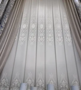 پرده قابی آسترکشی به همراه کنارپرده پتینه و تور سایه شامپاینی